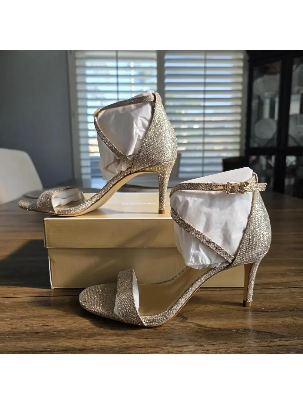Michael Michael Kors Ava Mid Sandal Glitter Heels Silver/Sand Women’s Sz 8 NIB